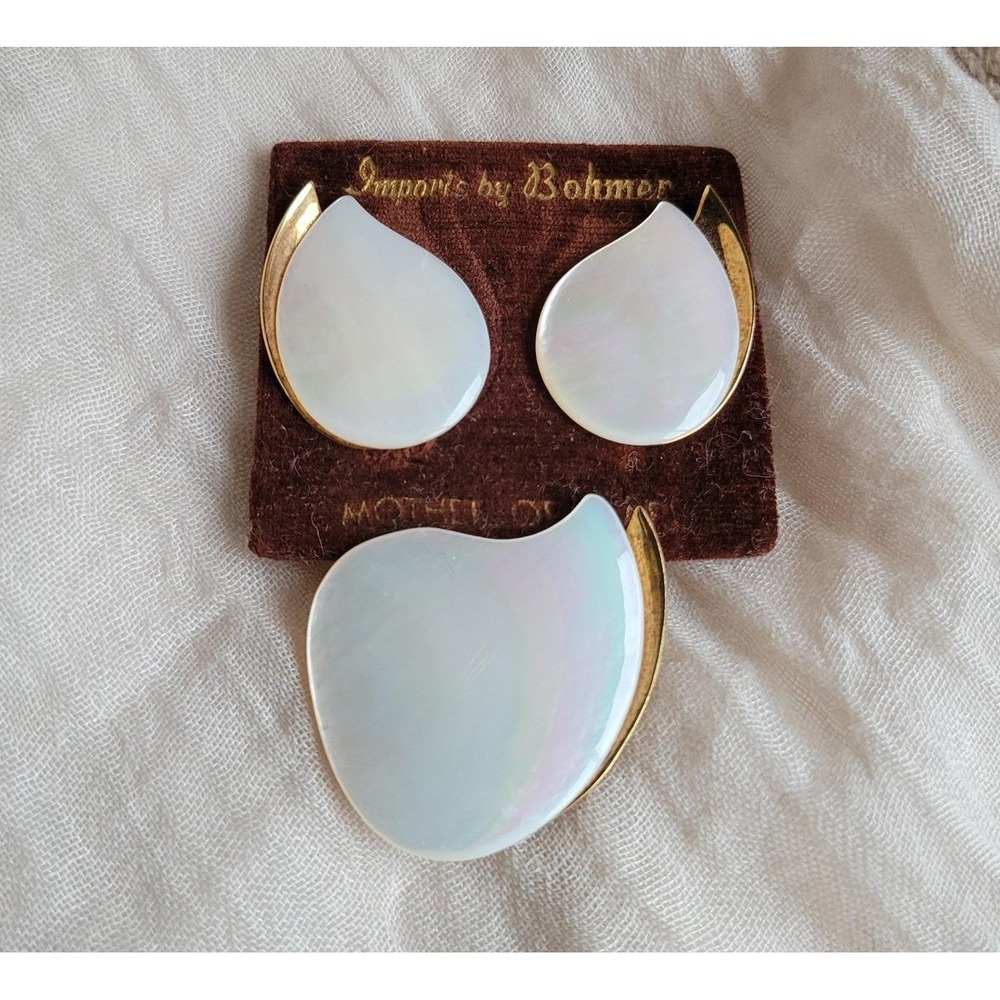 Vtg 1960s Bohmer Brooch Earrings Set White Mother of‎ Pearl Modernist Deadstock
